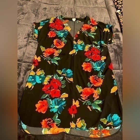 a new day Dresses & Skirts - a new day Black Floral V-Neck Dress with Red, Teal & Yellow Blooms